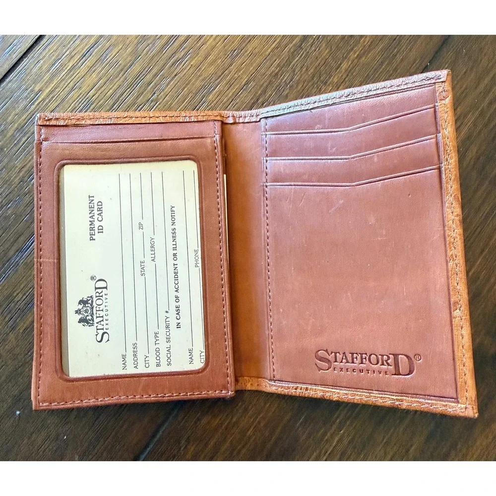 Stafford Executive Mens Trifold Wallet Tan Brown Ostrich Embossed Leather New
